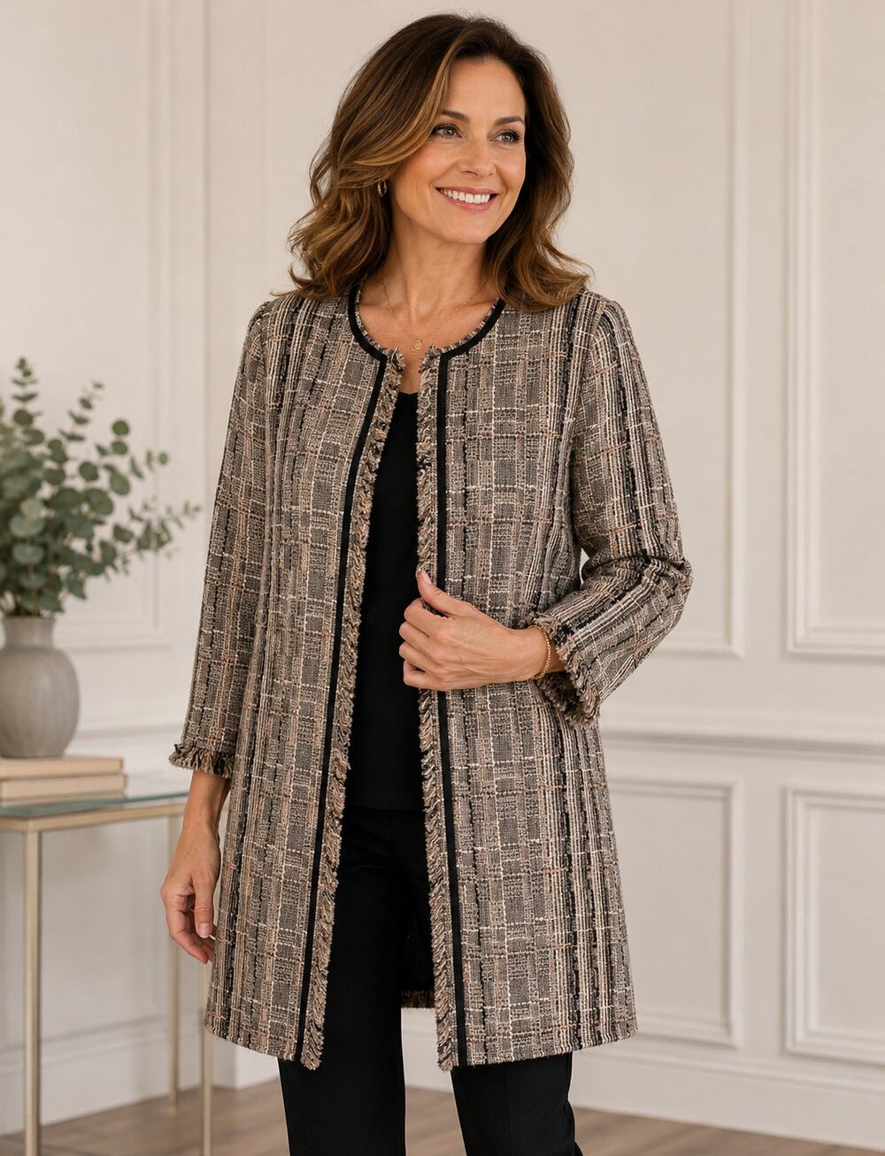 Carlisle Collection Woven Tweed Long Sleeve Coatigan Duster Jacket, Size 4
